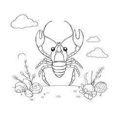 Fototapeta premium Cute Young Lobster Line Drawing Coloring Page Minimalist Black and White Flat Illustration White Sky Clouds Terrain