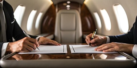 Business professionals signing documents inside a private jet, showcasing a luxurious and focused environment.