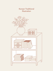 책장과 화병으로 꾸민 한국 전통 민화 스타일 일러스트 - Korean Folk Art Style Illustration Featuring Bookshelf and Vase