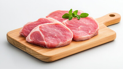 Fresh pork meat slices on wooden cutting board, showcasing their vibrant color and texture