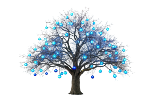 PNG Enchanted winter tree illuminated with glowing blue orbs against black background