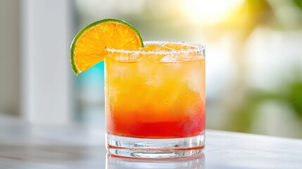 A tequila sunrise cocktail, vibrant orange hues, desert landscape
