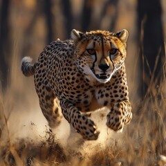 Fototapeta premium Cheetah Running Through Dusty Terrain in Daylight