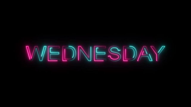 Glowing neon Wednesday text icon animation. week day animation, neon week day text black background 4k video.