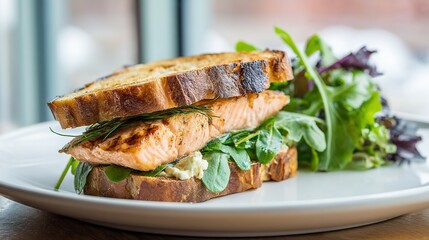 Grilled salmon sandwich on artisan bread with a side salad.