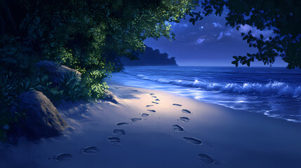 Mysterious footprints in the sand, a digital artwork of a serene, mystical beach scene at night with soft lighting. [Phantom Botanica] | Faint Ivy | soft trail. Illustration