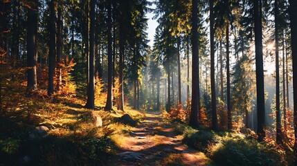 Obraz premium Beautiful forest landscape with sunlight filtering through the trees in autumn. A path leading to the horizon, surrounded by tall pines and colorful leaves. Natural scenery concept 