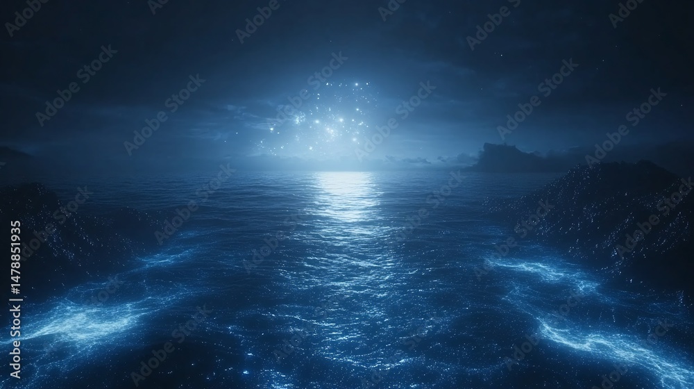 Aufkleber vast bioluminescent abyss in the ocean with glowing sea creatures and algae casting soft light that 