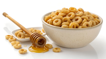 Wholesome Honey Cereal in Ceramic Bowl with Wooden Honey Dipper and Golden Honey Drizzle on White Background