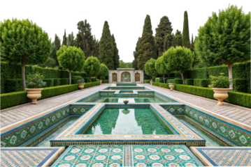 PNG Majestic moroccan garden with fountains and symmetrical tiled pathway