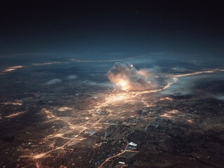 A bright explosion with smoke rises over a city at night, captured from a high aerial perspective showing illuminated urban sprawl.