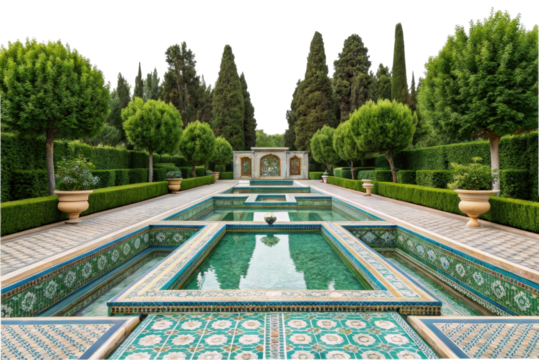 PNG Majestic moroccan garden with fountains and symmetrical tiled pathway