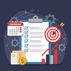 Flat style vector illustration depicting business planning, goals, checklist, and progress with charts, target, calendar, and gears. Project management icon