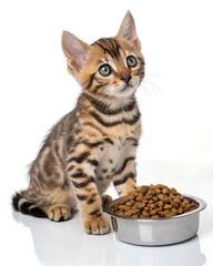 Fototapeta premium bengal kitten sitting next to metal food bowl with dry cat food isolated on white background