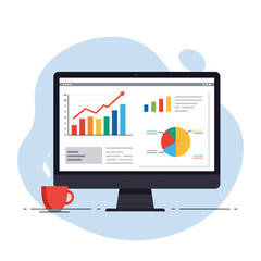 Flat style vector illustration of a computer monitor displaying business data charts and graphs. Data analysis, financial report, and business intelligence concept icon