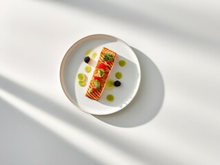 Appetizing salmon dish with vibrant garnishes on a white plate.