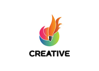 Abstract pencil logo with colorful flame shapes, symbolizing creativity and innovation. Perfect for design studios, art brands, or agencies.