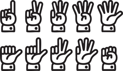 Finger Counting Hand Gesture Icons Showing Numbers 1 to 5 – Black Outline Vector Illustration