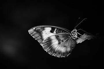 Elegant Butterfly Resting on Leaf in Black and White Close Up Artistic Shot Studio Setting