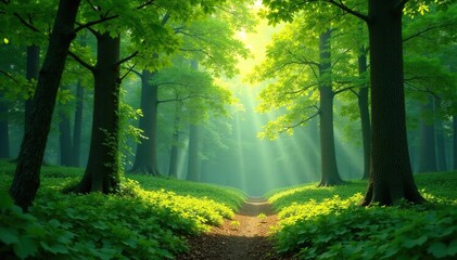 Obraz premium Serene forest background, lush green canopy, dappled sunlight, tranquil nature scene , mystery, spring, lush