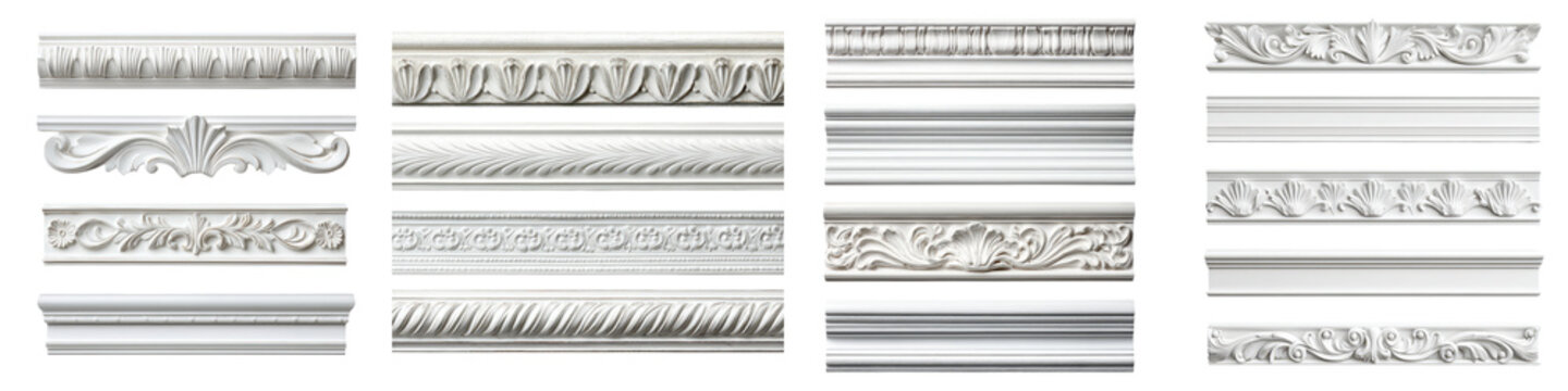 Ornate and elegant crown moldings in a variety of intricate styles, ideal for interior design projects, showcasing classic craftsmanship and artistic design elements in light colors.