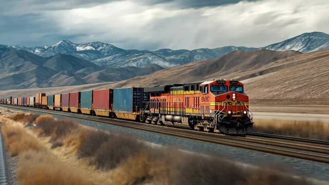 Freight train moving through mountainous landscape with intermodal containers under cloudy sky, Dynamic view of a freight train with intermodal containers in transit