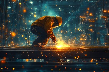 Industrial Welder at Work Intense Sparks and Metal Fabrication