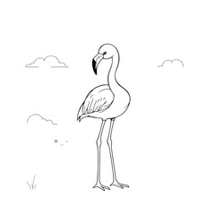 Obraz premium Cute Young Flamingo Line Drawing Coloring Book Style Minimalist Black and White High Contrast Artwork