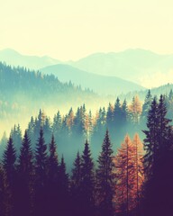 Obraz premium Breathtaking view of mountain range with pine forest and fog in the valley at sunrise from above in vintage style
