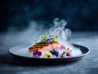 Grilled salmon fillet with edible flowers, presented artistically.