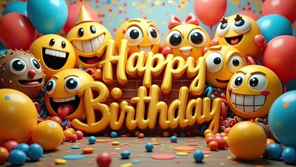 Fototapeta premium Group of Cheerful Emojis Celebrating Happy Birthday with Party Hats and Balloons