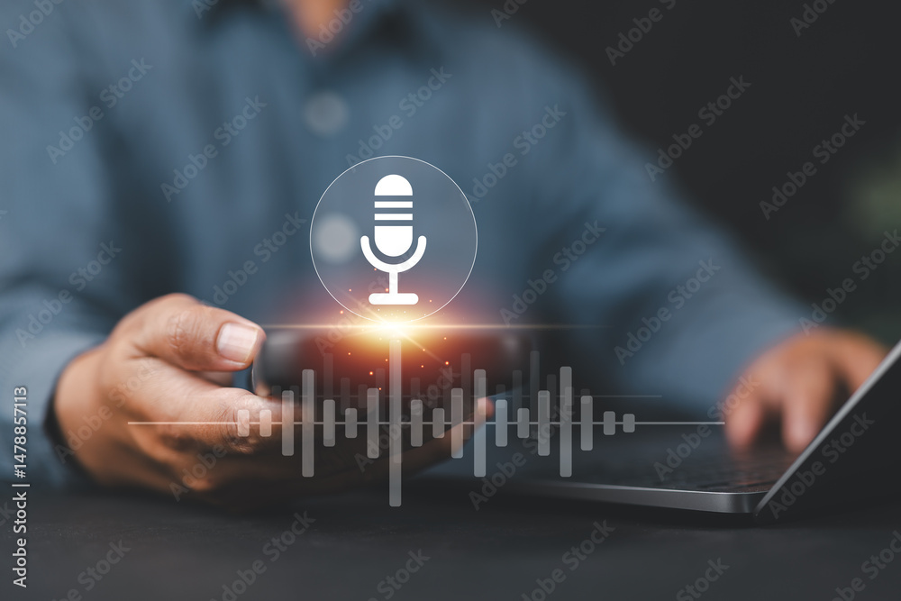 Fototapete Voice recording concept. Mobile application, record sound and voice message. Man using smartphone with voice recording app. Use AI Enabled Internet Search for Easy Access to Information.