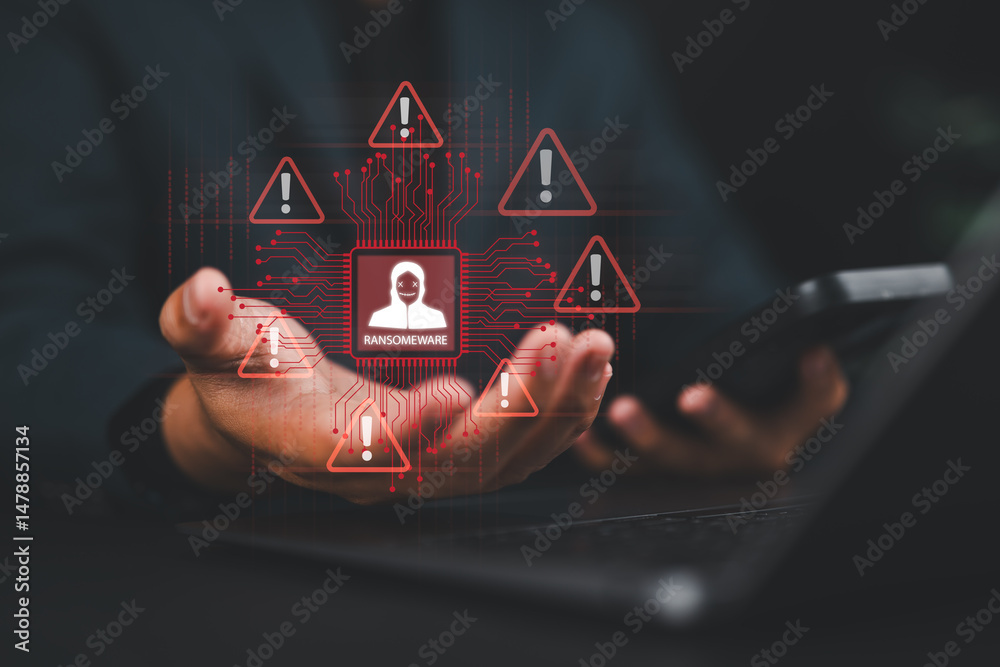 Poster Malware attack virus alert. Ransomware malware attack and data breach. Man use smartphone and laptop with virtual warning sign with ransomware word. Warning notification, Cyber threats.