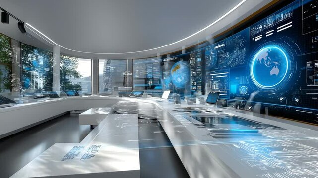 Futuristic office interior featuring large screen display and modern workstation design elements