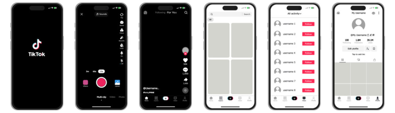Lopburi Province, Thailand, May 14, 2025. Vector smartphone screen showing icons and templates of TikTok apps.
