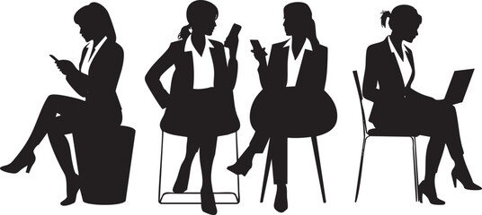 Four Businesswomen in Silhouette, Focused on Different Tasks