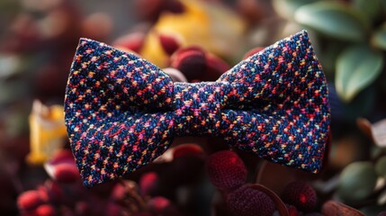Colorful knitted bow tie in vibrant floral setting