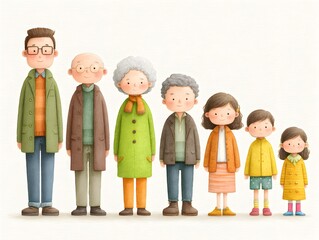 Obraz premium A charming illustration depicts a multigenerational family portrait showcasing seven individuals ranging from grandparents to young children.