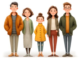 Fototapeta premium A happy family portrait illustration features two adult couples and a child standing together in autumnal clothing.