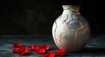 Cracked vase with rose petals