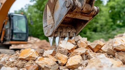 Heavy excavator digging earth industrial construction site