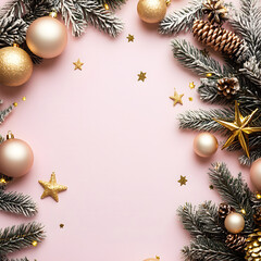 Festive Pink Christmas Gold Ornaments, Snowy Pine Branches, and Stars for Holiday Greetings