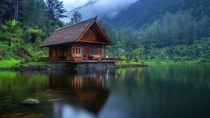 Fototapeta premium Tranquil wooden cabin by a serene lake nestled in a lush mountain valley