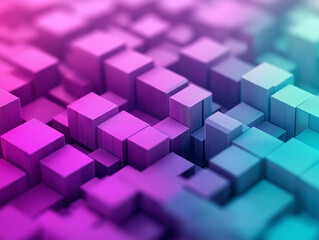 Fototapeta premium Abstract Isometric Pixelated Landscape with Vibrant Purple and Teal Gradient Background.