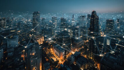 Obraz premium Smart cityscape enhanced by AI technologies, with integrated glowing connections across infrastructure.