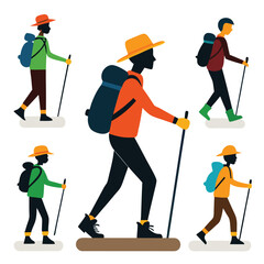 Obraz premium Hiker Group in Motion Silhouette Vector Art
