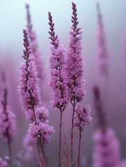 Obraz premium Misty Morning Delicate Pink Flowers in a Field