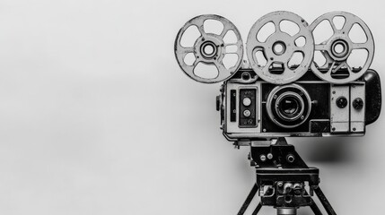 Fototapeta premium Vintage Film Camera with Film Reels on Tripod Against White Background
