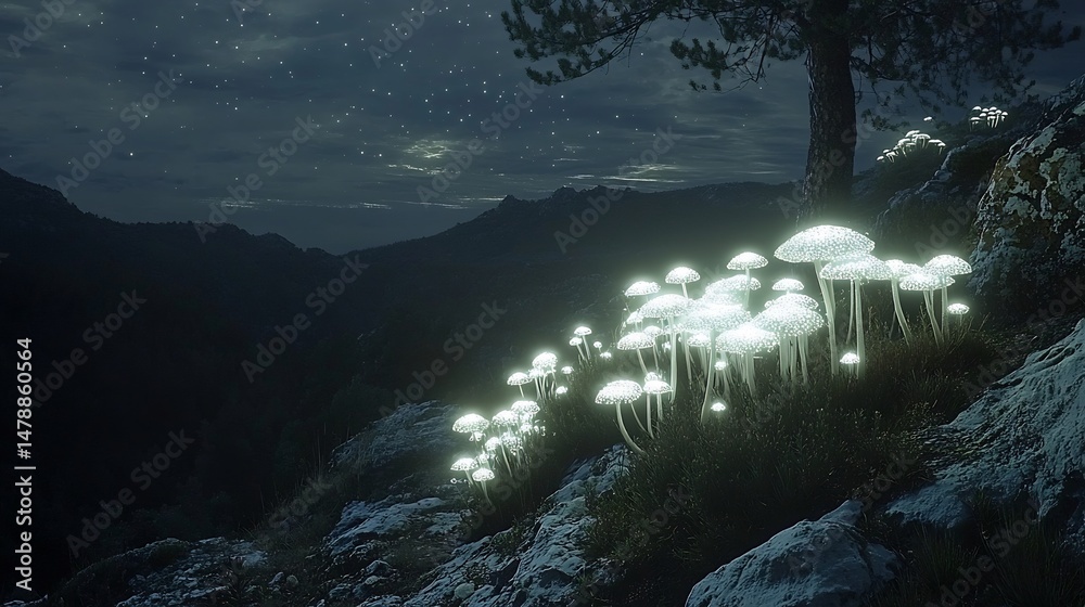 Poster alien bioluminescent mushrooms growing clusters on a rocky terrain casting faint light across a dark