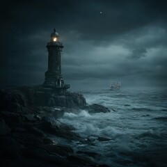 Stormy coastal night, with a lighthouse amidst crashing waves and a ship navigating the storm.